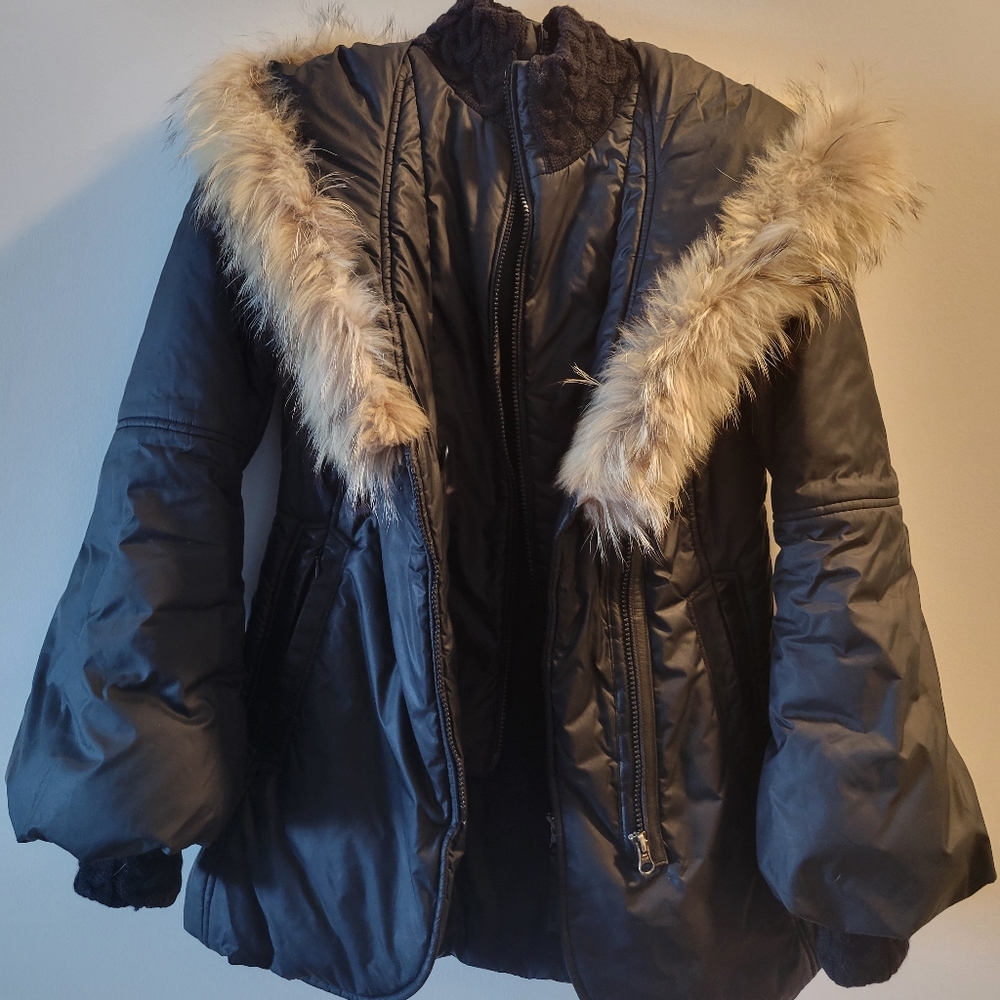 Women's Black Raccoon Fur Trim Hooded Jacket